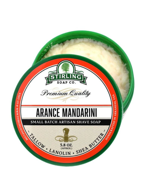 Stirling Soap Co. Arance Mandarini shaving soap in a green container on a white background