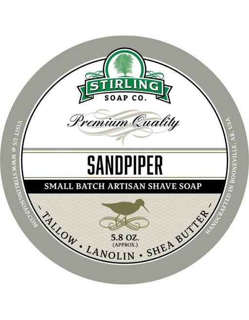 Stirling Soap Co. Sandpiper shaving soap container on a white background