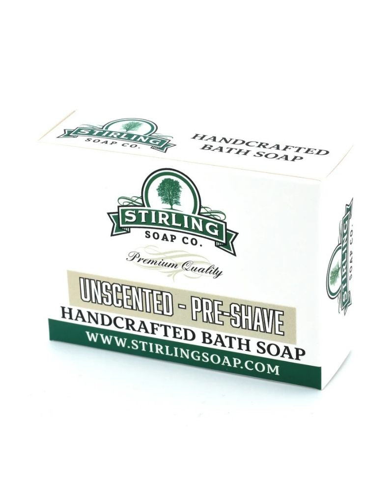 A white rectangular box of Stirling Soap Co. Unscented Pre-Shave Handcrafted Bath Soap, featuring green and beige branding and text on a white background.