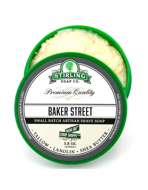 Stirling Soap Co. Baker Street shave soap in a green container on a white background
