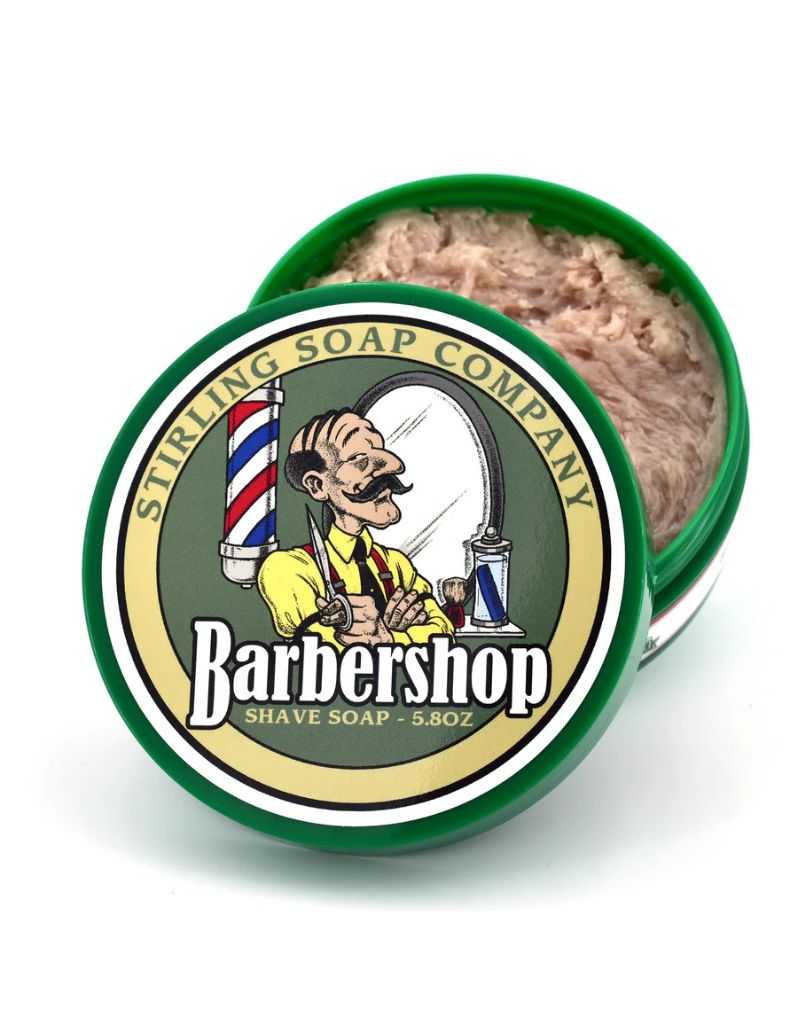 Barbershop shave soap in a green container with 'Stirling Soap Company' branding.