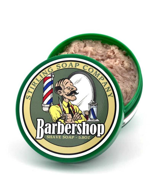 Barbershop shave soap in a green container with 'Stirling Soap Company' branding.