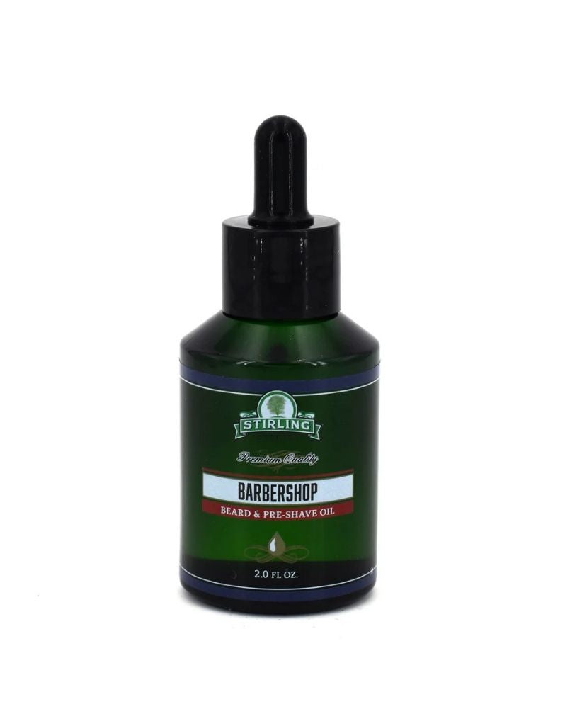Stirling Barbershop Beard & Pre-Shave Oil 2 oz dark green bottle with dropper on white background.