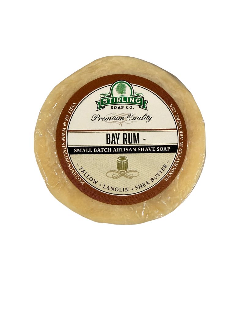 Stirling Soap Co. Bay Rum shave soap refill puck, 4.5 oz shrink wrapped tallow soap