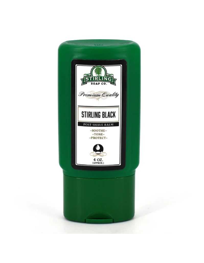 Tropical wood aftershave balm with iced mango and sandalwood in a green 4 oz bottle.