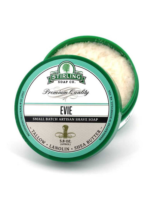 Stirling Soap Co. Evie shave soap in a green container on a white background