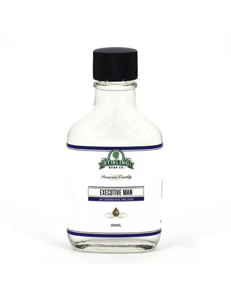 Bottle of Sterling Soap Co. Executive Man aftershave splash on a white background