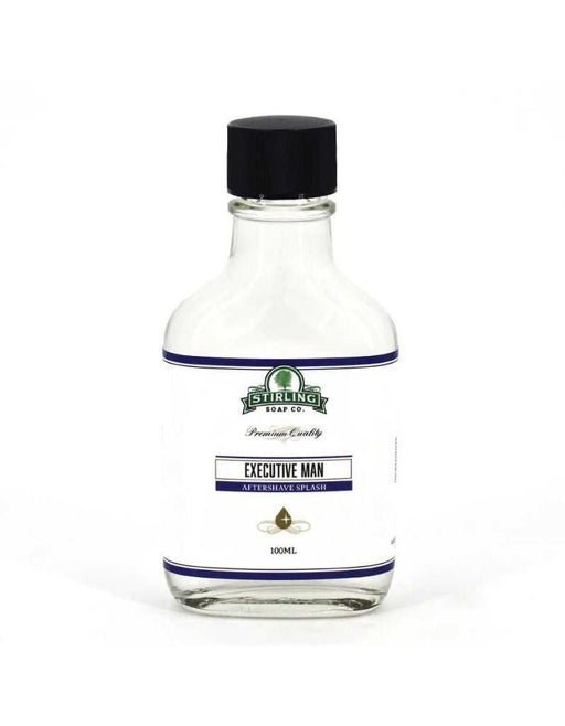 Bottle of Sterling Soap Co. Executive Man aftershave splash on a white background