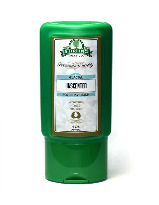 Green bottle of Stirling Soap Co. Unscented Glacial post-shave balm on a white background
