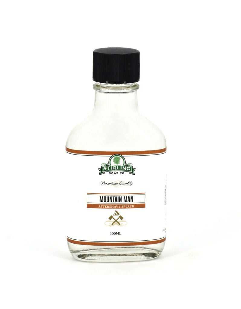 Clear bottle with black cap and 'Stirling Soap Co. Mountain Man Aftershave Splash' label on a white background