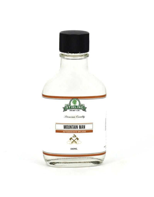 Clear bottle with black cap and 'Stirling Soap Co. Mountain Man Aftershave Splash' label on a white background