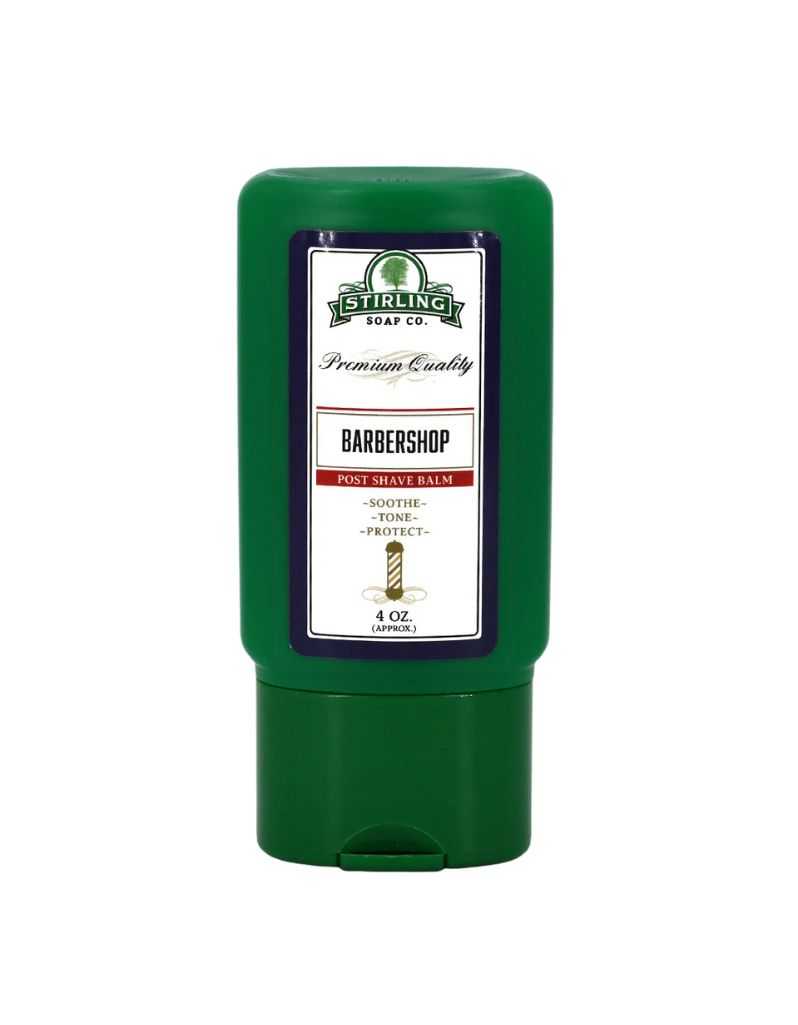 Green container of Stirling Soap Co. Barbershop Post Shave Balm on a white background