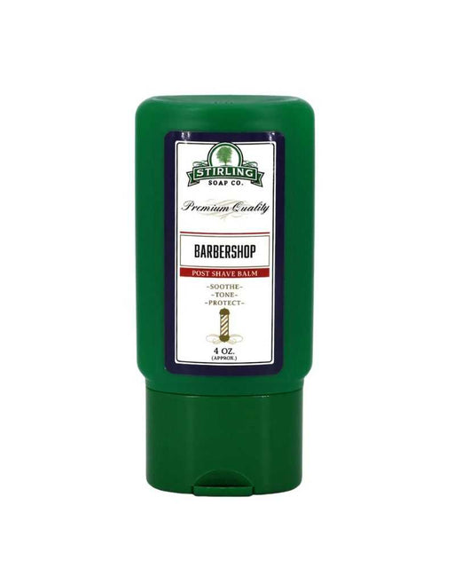 Green container of Stirling Soap Co. Barbershop Post Shave Balm on a white background
