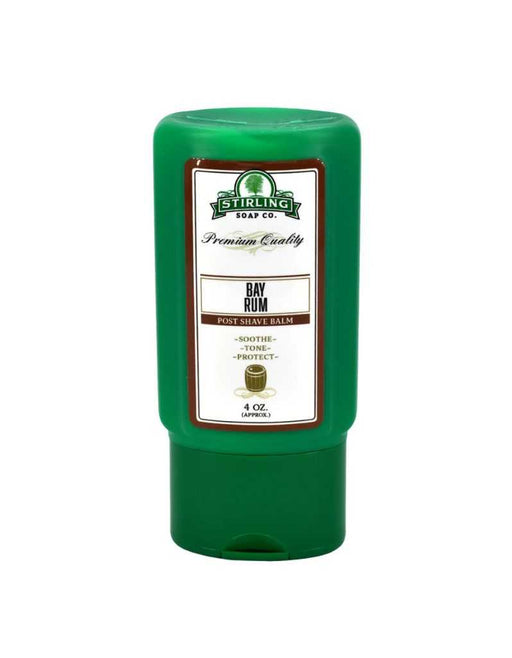 Green bottle of Stirling Soap Co. Bay Rum Post Shave Balm on a white background