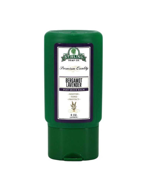 Green bottle of Stirling Soap Co. Bergamot Lavender post shave balm on a white background