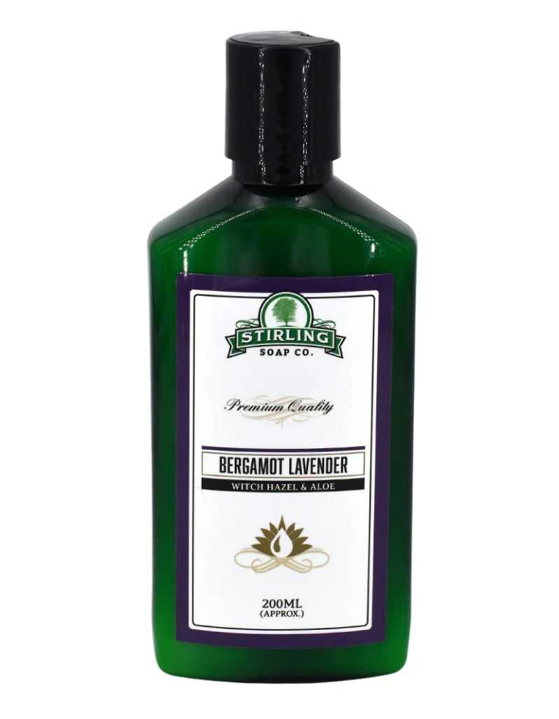 Green bottle of Stirling Soap Co. Bergamot Lavender witch hazel and aloe.