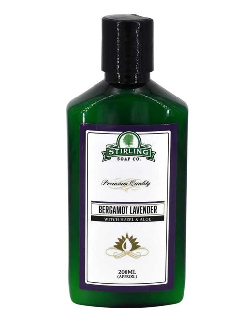 Green bottle of Stirling Soap Co. Bergamot Lavender witch hazel and aloe.