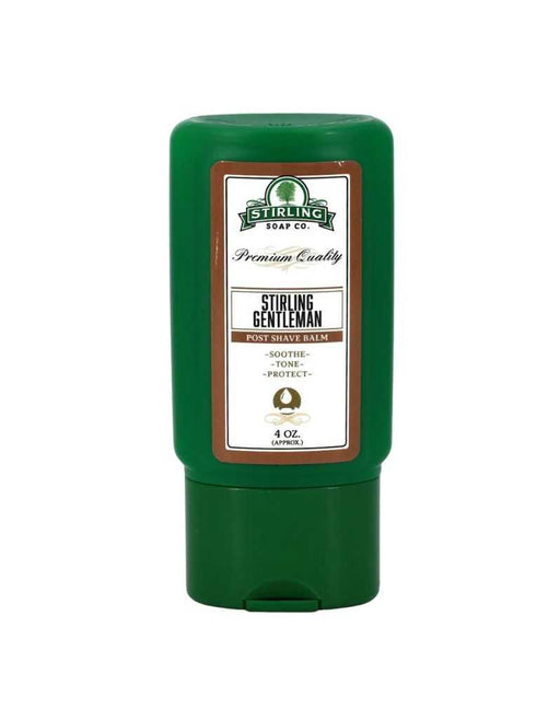Green bottle of Stirling Gentleman after shave balm on a white background