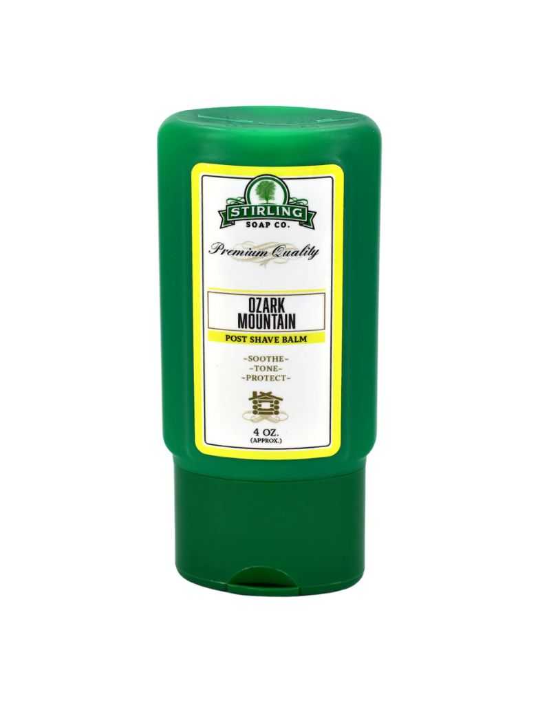 Green bottle of Stirling Ozark Mountain Post Shave Balm on a white background