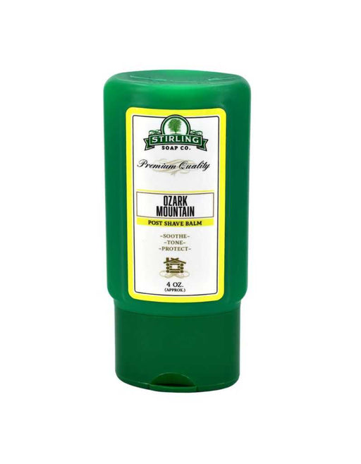 Green bottle of Stirling Ozark Mountain Post Shave Balm on a white background