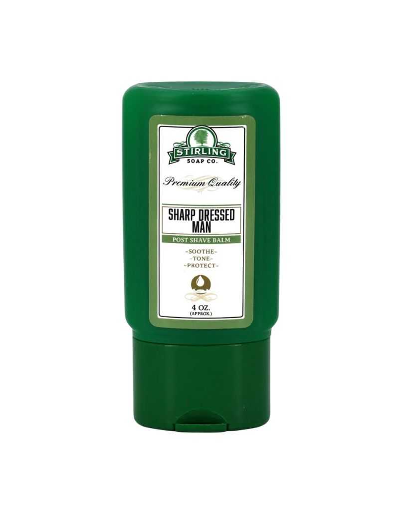 Green bottle of 'Sharp Dressed Man' post-shave balm by Sterling Soap Co. on a white background