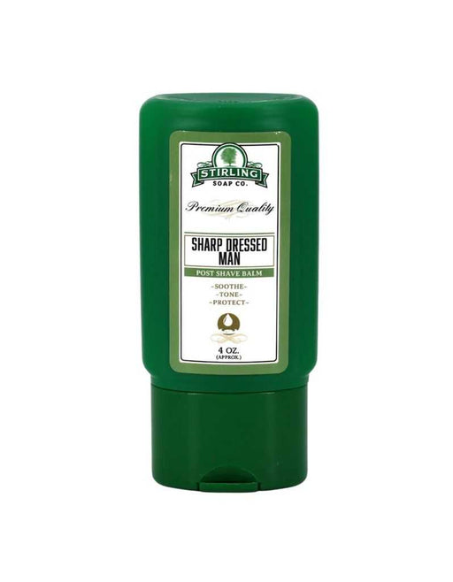 Green bottle of 'Sharp Dressed Man' post-shave balm by Sterling Soap Co. on a white background