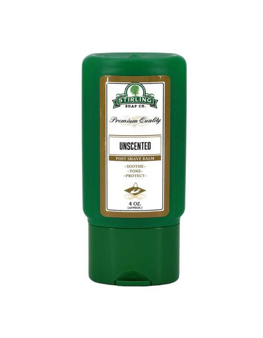 Green bottle of Sterling Soap Co. Unscented post-shave balm on a white background