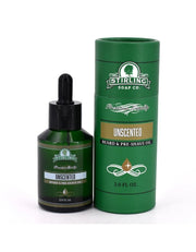 Stirling Soap Co. Unscented Beard & Pre-Shave Oil in a dark green bottle with a black dropper cap next to its matching green cylindrical packaging tube on a white background.