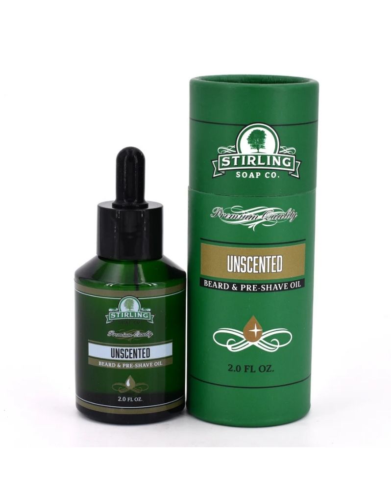 Stirling Soap Co. Unscented Beard & Pre-Shave Oil in a dark green bottle with a black dropper cap next to its matching green cylindrical packaging tube on a white background.