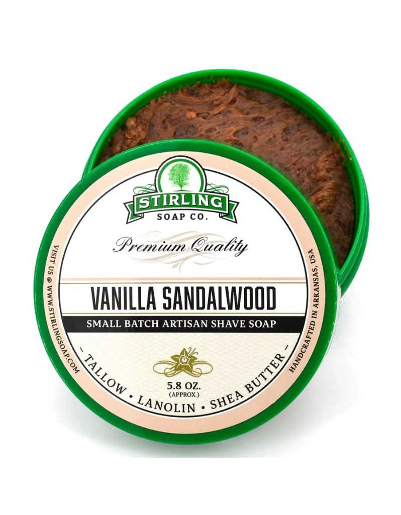Vanilla Sandalwood shave soap in a green container with Stirling Soap Co. branding.