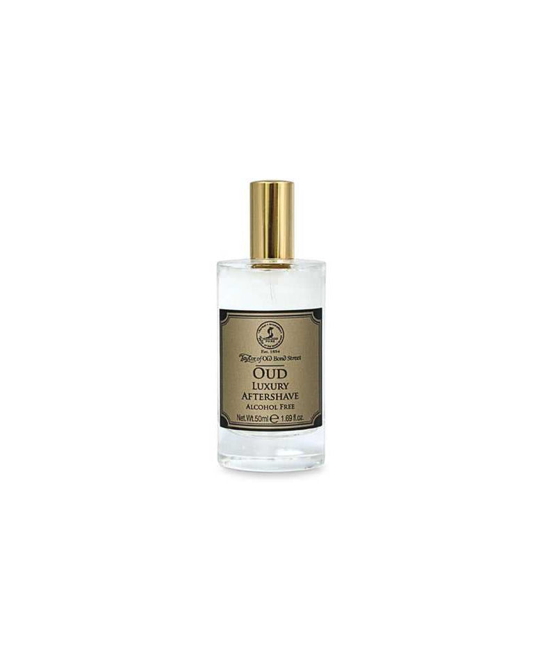 Alcohol-free oud aftershave with quince, rose, saffron, and amber in a 50ml spray bottle made in England