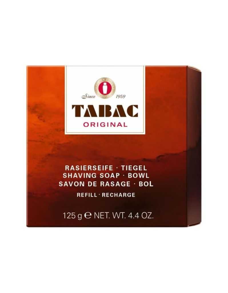 Tabac Original shaving soap refill packaging on a white background. Soap Refill puck with new non-tallow formula in 125g size