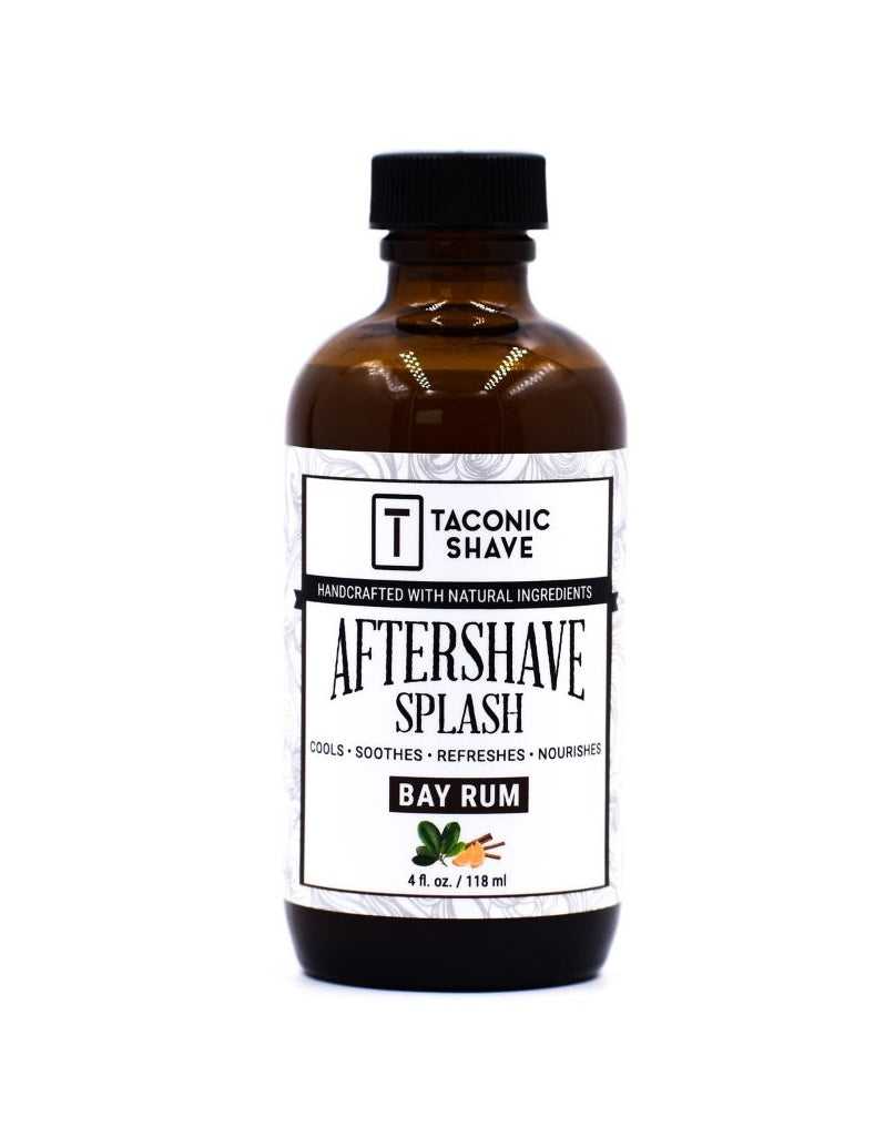 Bay Rum aftershave splash bottle with warm spice scent, menthol cooling, and alcohol-free herbal formula for soothing skin