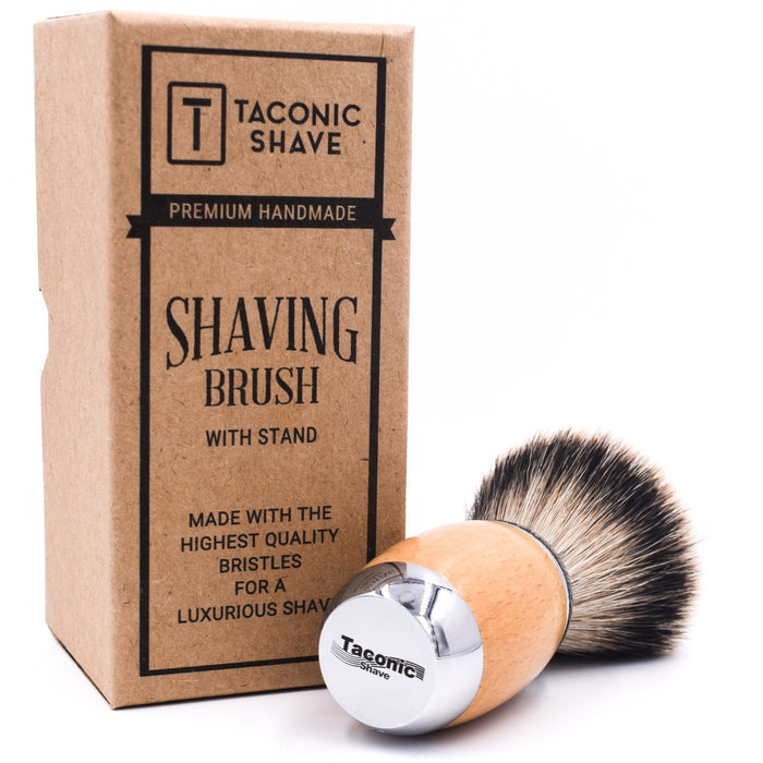 Taconic Shave - Beechwood & Chrome Handle Silvertip Badger Shave Brush & Stand