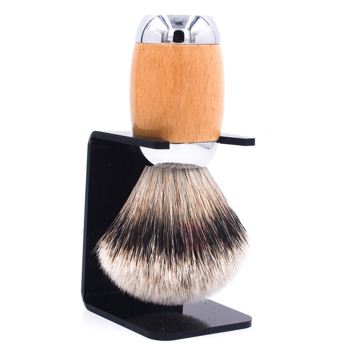 Taconic Shave - Beechwood & Chrome Handle Silvertip Badger Shave Brush & Stand