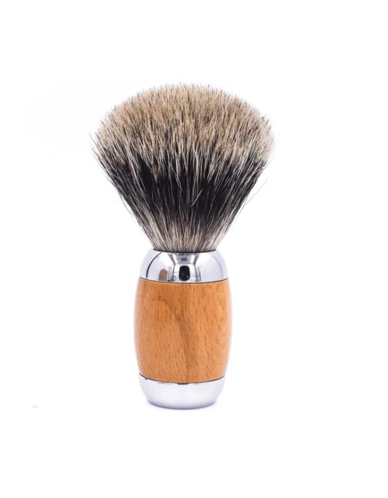 Taconic Shave 100% pure badger shaving brush with dense three-band knot and beechwood-chrome ergonomic handle