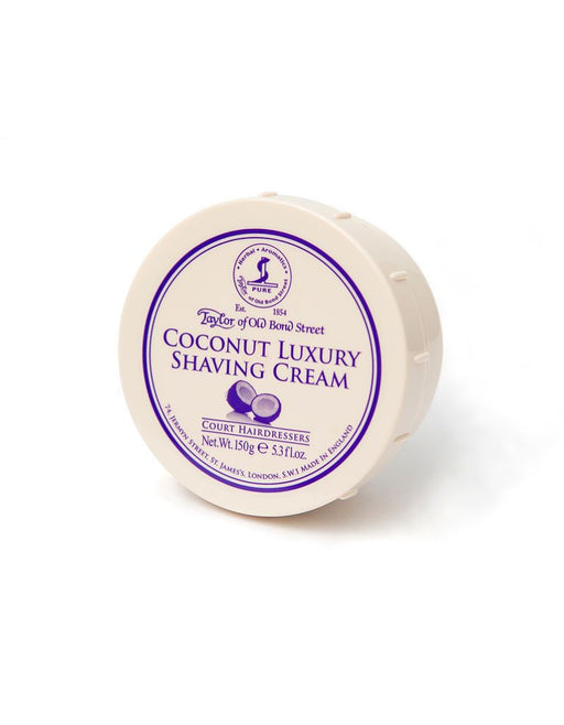 A round container of Taylor of Old Bond Street Coconut Luxury Shaving Cream with a purple label on top.