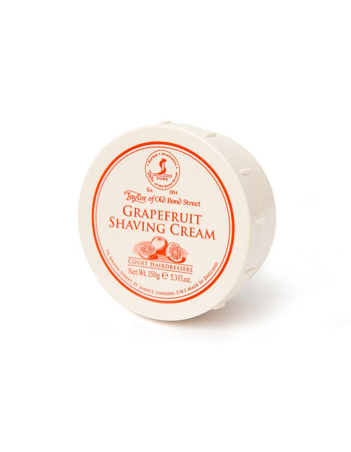A round container of Taylor of Old Bond Street Grapefruit Shaving Cream with a white lid and orange label.