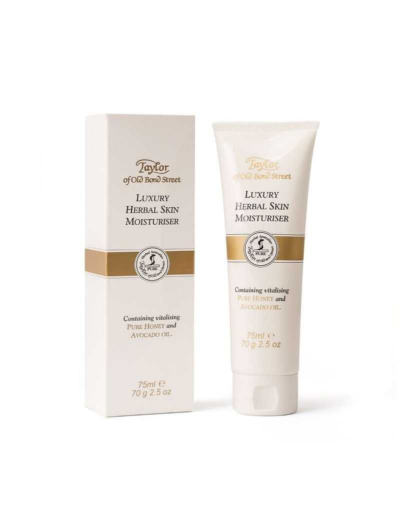 Product packaging for Taylor of Old Bond Street Herbal Skin Moisturiser, showing the box and the tube with the cream.