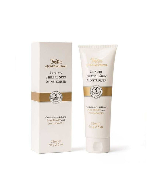 Product packaging for Taylor of Old Bond Street Herbal Skin Moisturiser, showing the box and the tube with the cream.