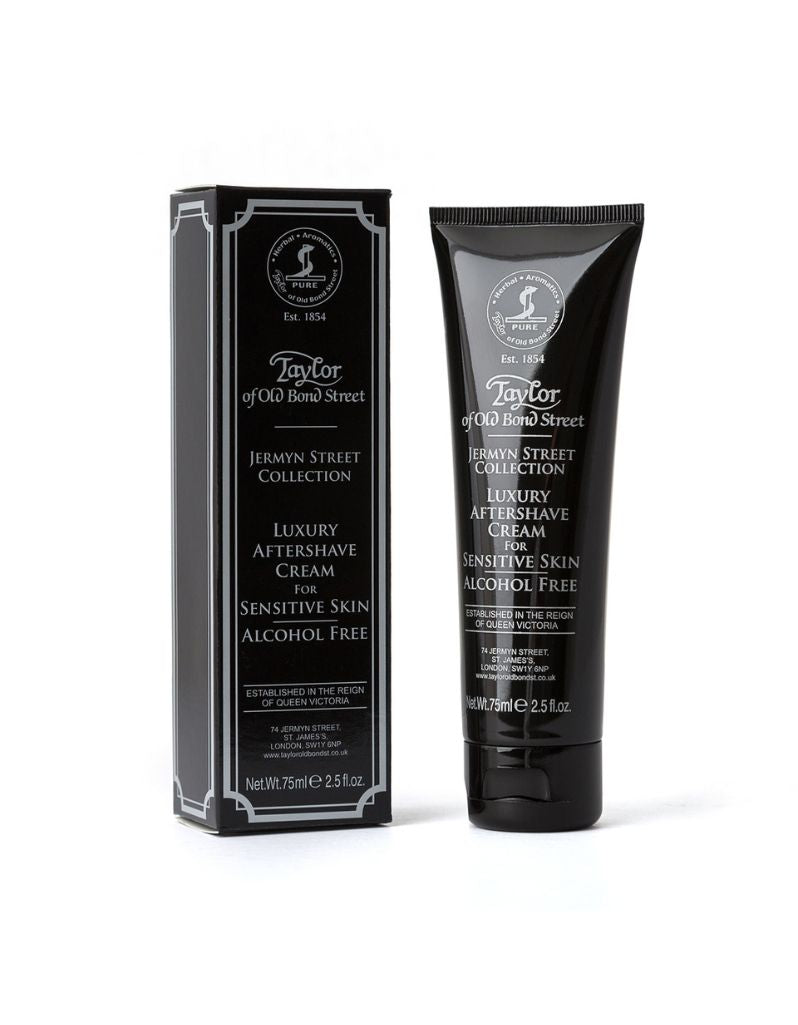 Jermyn Street Aftershave Cream tube with allergen free formula for soothing post-shave care and moisturizing sensitive skin.