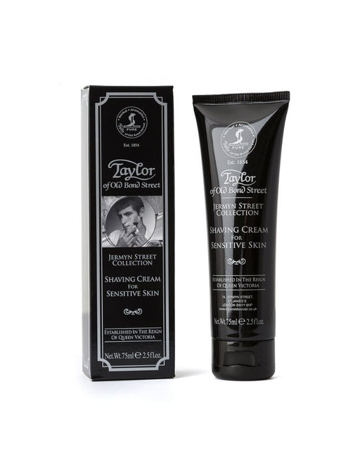 Packaging and tube of Taylor of Old Bond Street Jermyn Street Shaving Cream with information text and branding.