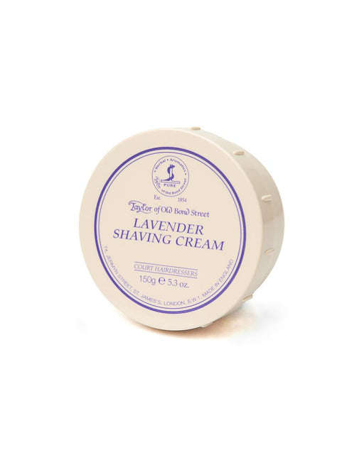 A container of Taylor of Old Bond Street Lavender Shaving Cream with a white label and purple text.