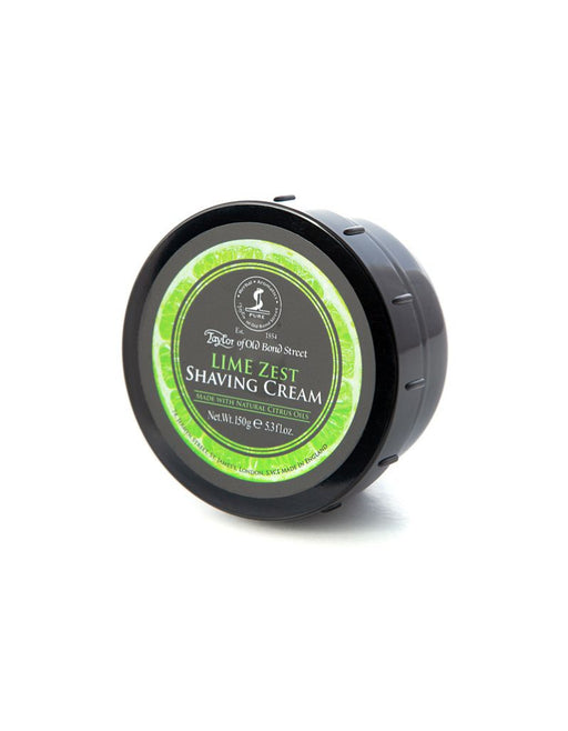 A container of Taylor of Old Bond Street Lime Zest Shaving Cream with green labeling on the lid.