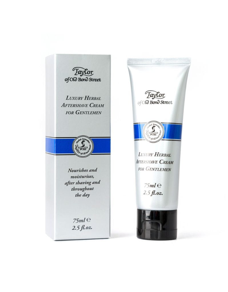 Packaging and tube of Taylor of Old Bond Street Herbal After Shave Cream, with product information of nourishment of skin