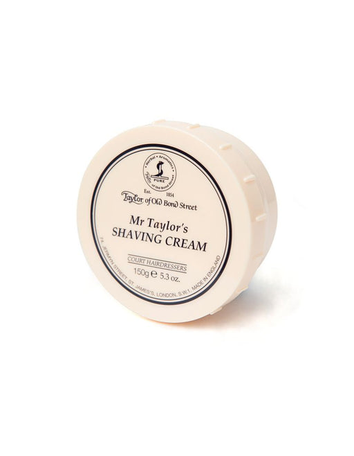 A round container of Taylor of Old Bond Street Mr Taylor's Shaving Cream with a white label on top.