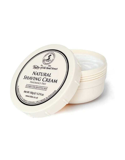 Open jar of Taylor of Old Bond Street Natural Shaving Cream, fragrance free, for sensitive skin