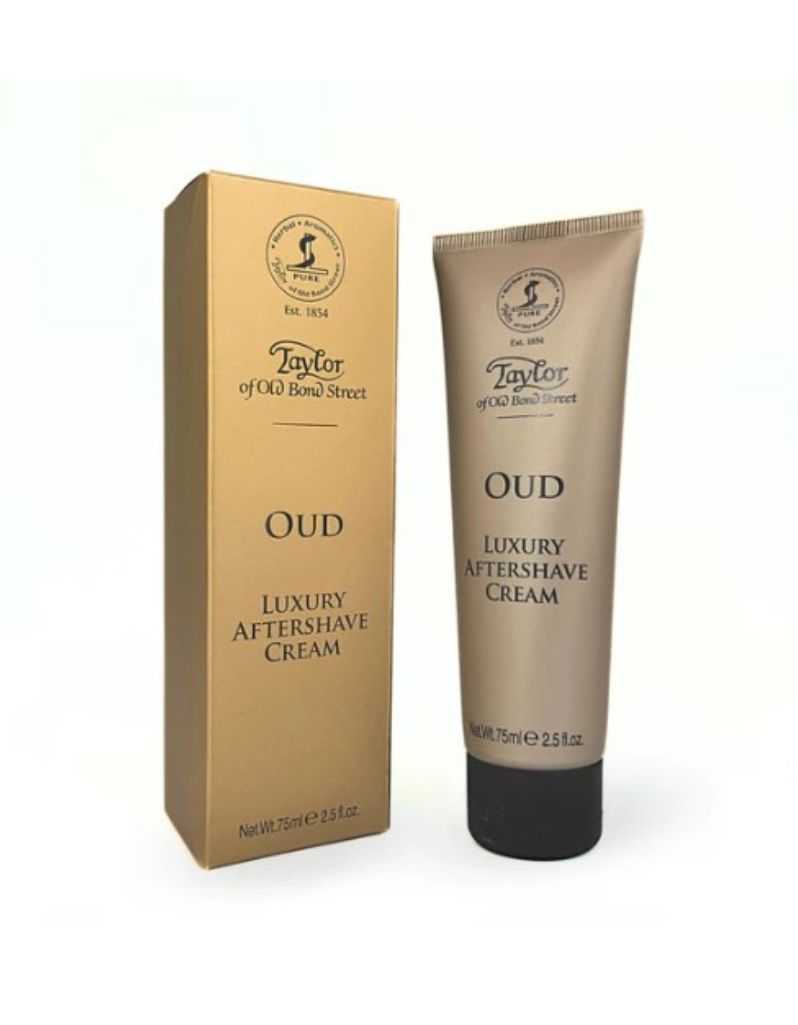 A tube of Taylor of Old Bond Street Oud Luxury Aftershave Cream next to its packaging box.