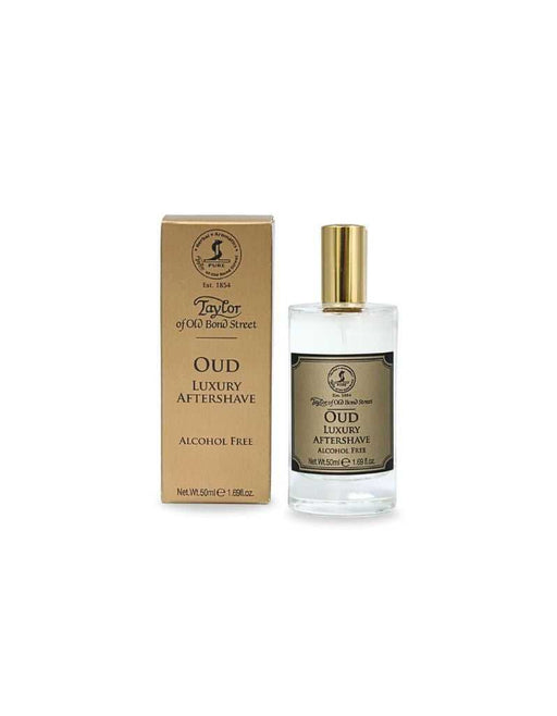 Oud luxury aftershave bottle and packaging on a white background