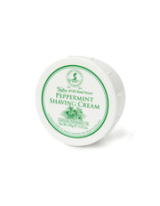 A container of Taylor of Old Bond Street Peppermint Shaving Cream with green and white label.